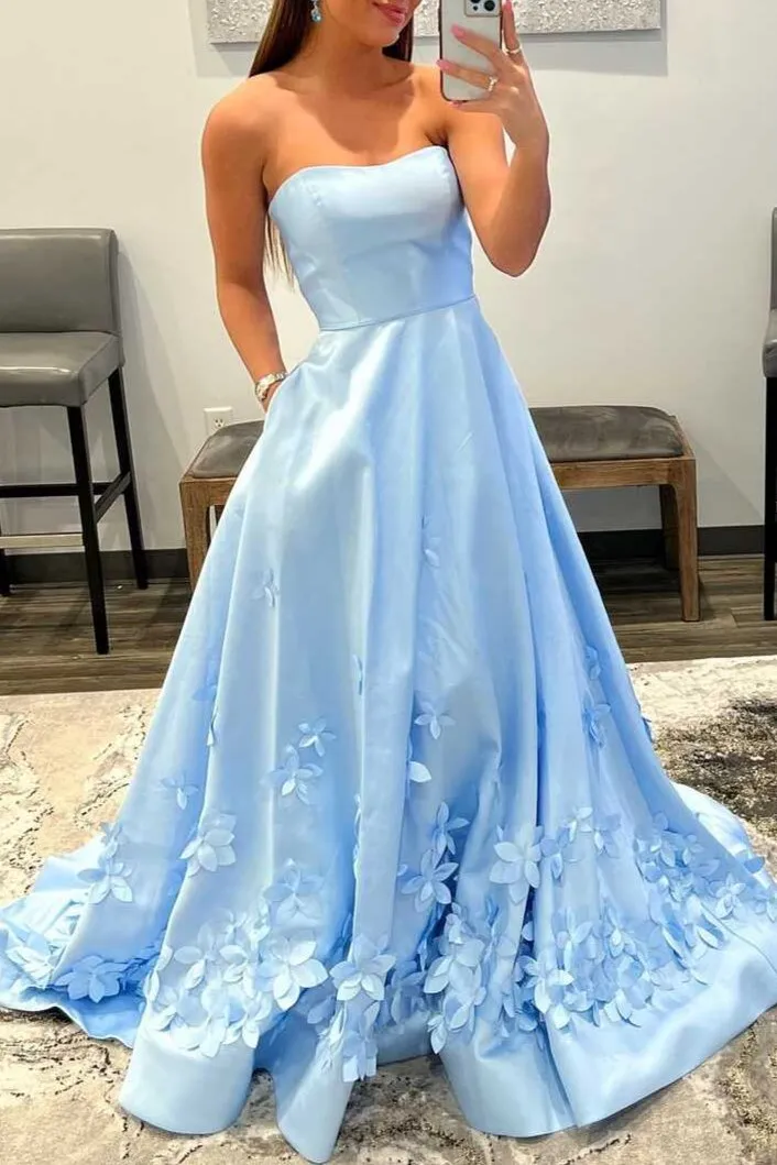 3D Flower Light Blue Strapless A-Line Prom Dress