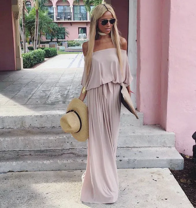 4 Angora Taupe Long Off Shoulder dress - The Milano