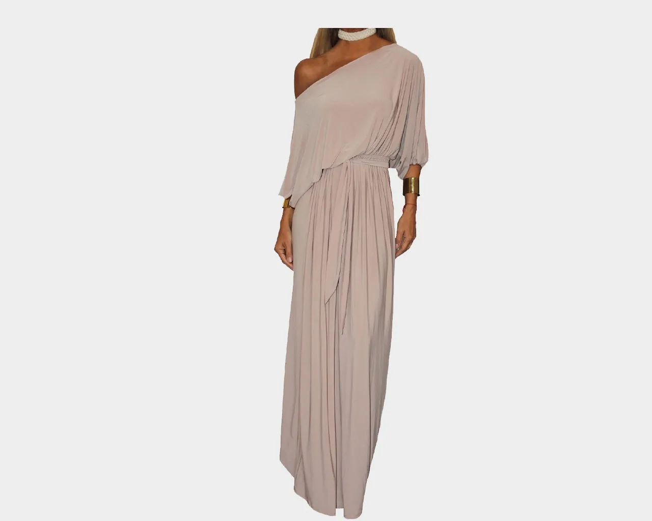 4 Angora Taupe Long Off Shoulder dress - The Milano