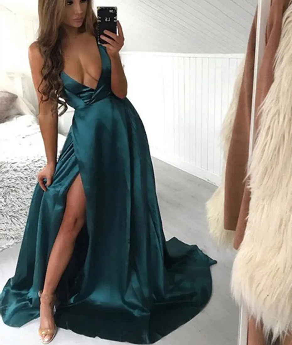 A Line Halter V Neck Backless Green Satin Long Prom Dresses with High Slit, V Neck Green Formal Dresses, Green Evening Dresses