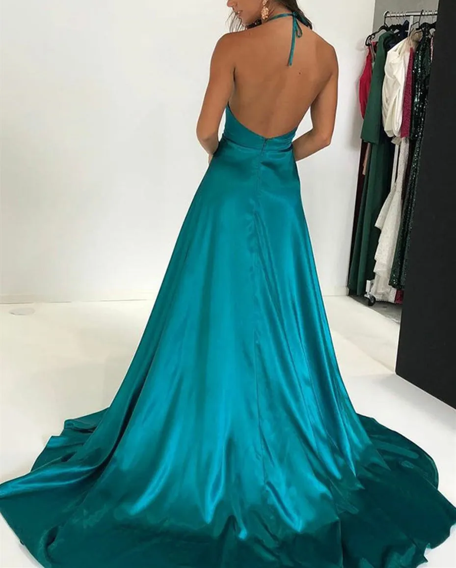 A Line Halter V Neck Backless Green Satin Long Prom Dresses with High Slit, V Neck Green Formal Dresses, Green Evening Dresses