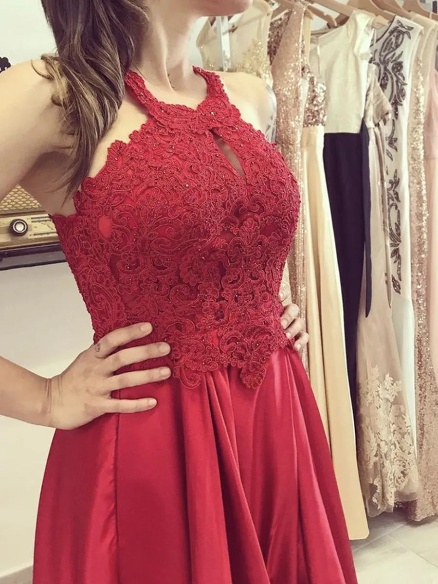 A Line Red Lace Long Prom, Long Red Lace Formal Graduation Evening