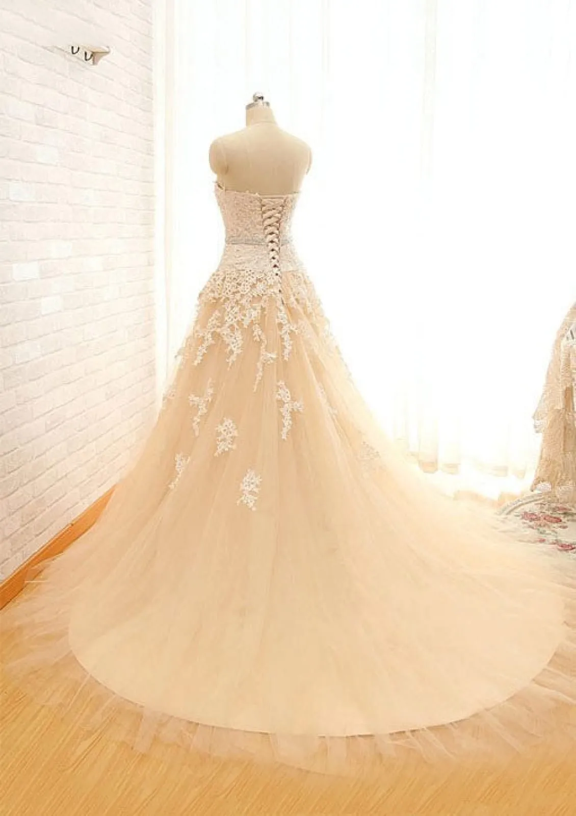 A-Line/Princess Champagne Tulle Wedding Dress, Ivory Lace