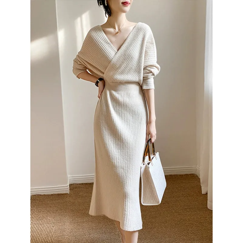 Accessible Luxury Gao Ding Gentle Korean Style Adult Lady like Woman Style Tight Waist Slim Looking Cross Collar V Neck Mid Length Long Length Knitting Dress Women