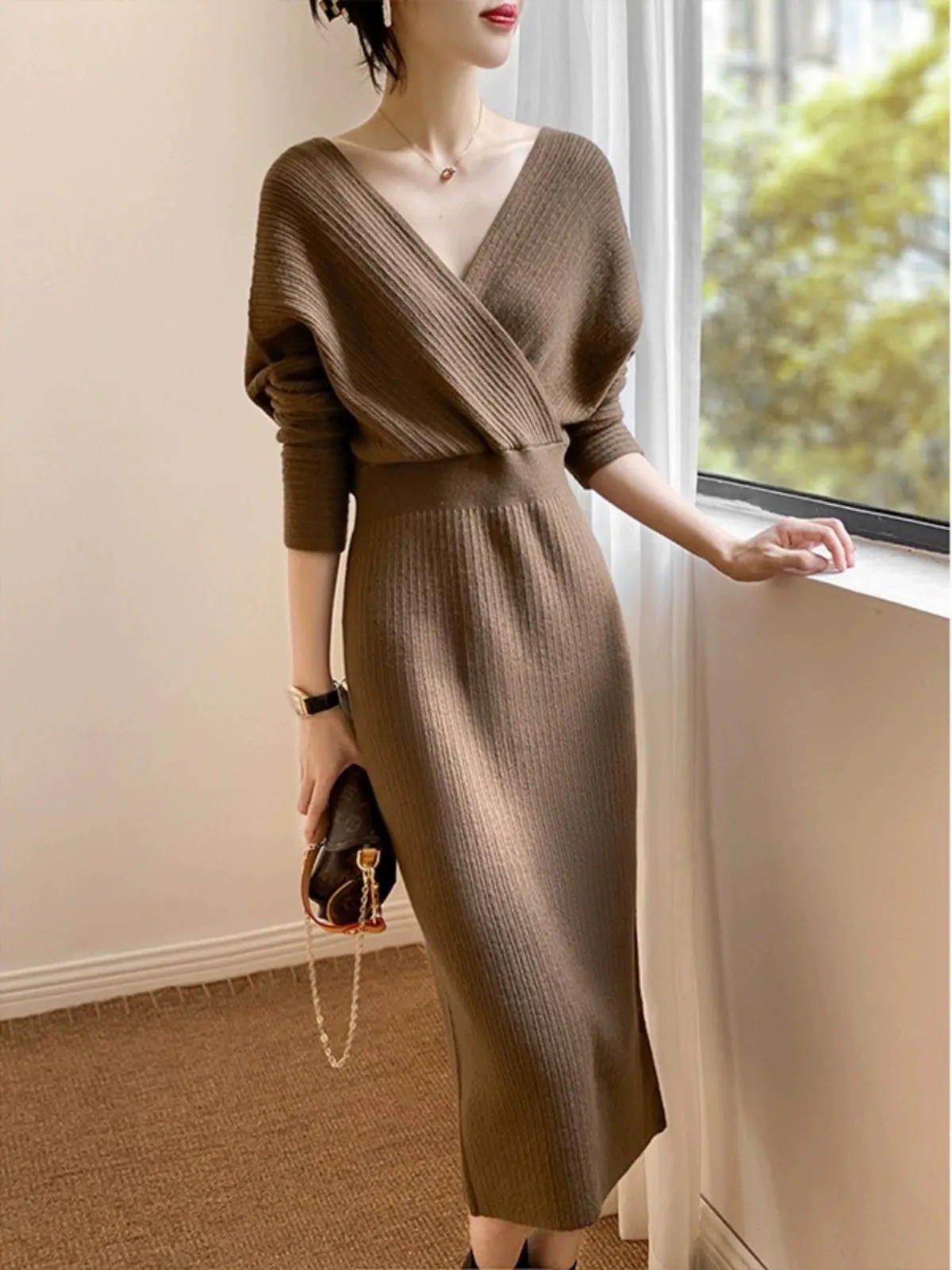 Accessible Luxury Gao Ding Gentle Korean Style Adult Lady like Woman Style Tight Waist Slim Looking Cross Collar V Neck Mid Length Long Length Knitting Dress Women