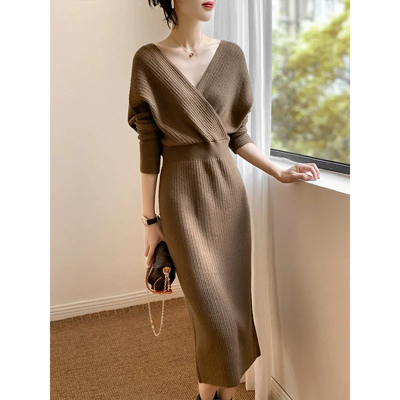 Accessible Luxury Gao Ding Gentle Korean Style Adult Lady like Woman Style Tight Waist Slim Looking Cross Collar V Neck Mid Length Long Length Knitting Dress Women