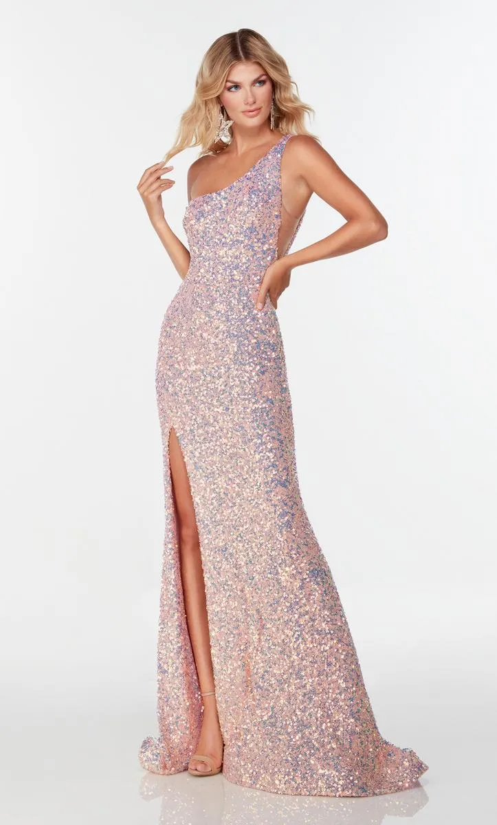 Alyce Paris 61114 Iridescent Sequin One Shoulder Dress with Slit - Magic Opal or Vintage Opal