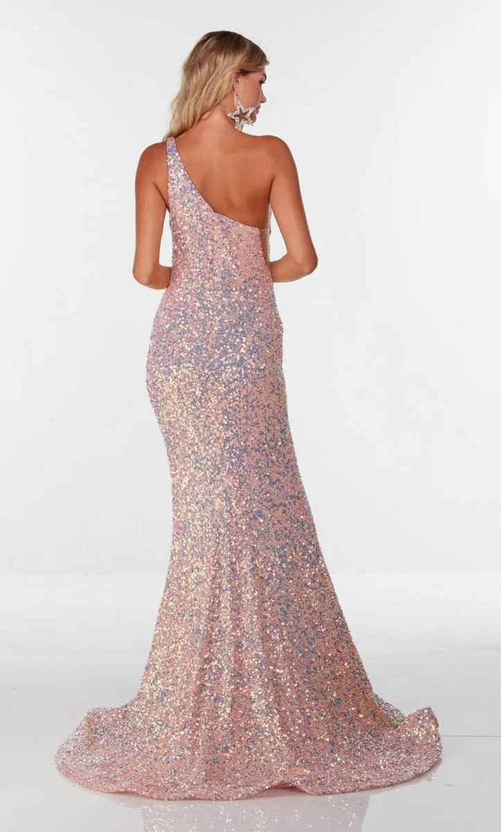 Alyce Paris 61114 Iridescent Sequin One Shoulder Dress with Slit - Magic Opal or Vintage Opal