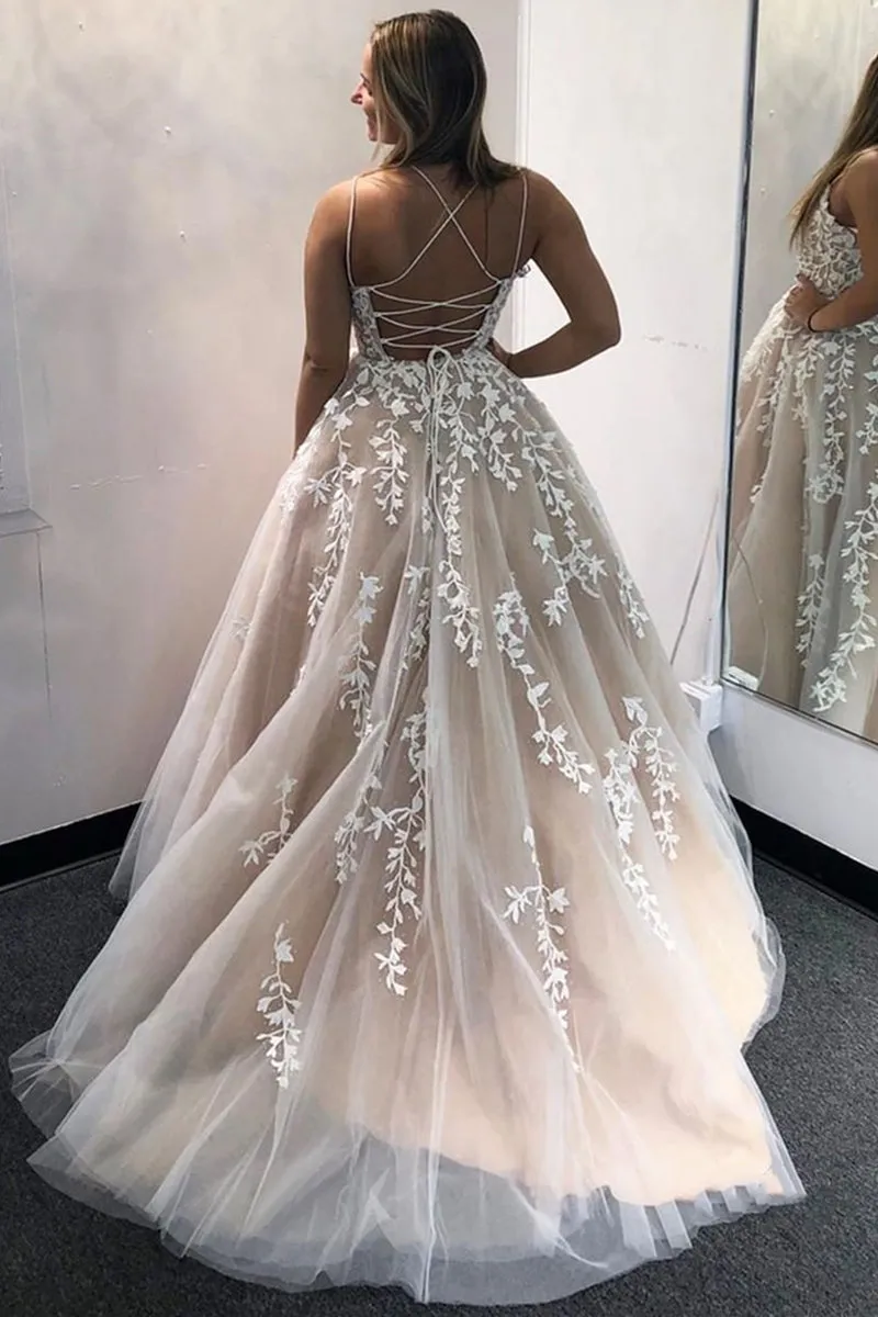 Backless Champagne Lace Long Prom Dresses, Champagne Lace Formal Evening Dresses, Champagne Ball Gown