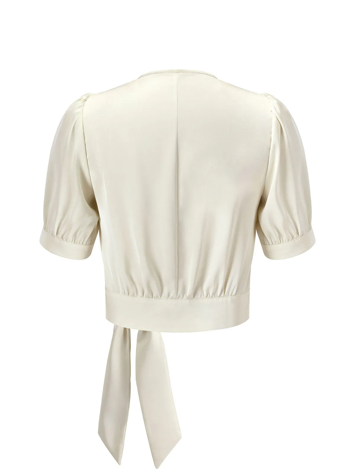 Beige 1950s Satin Puff Sleeve V-Neck Blouse