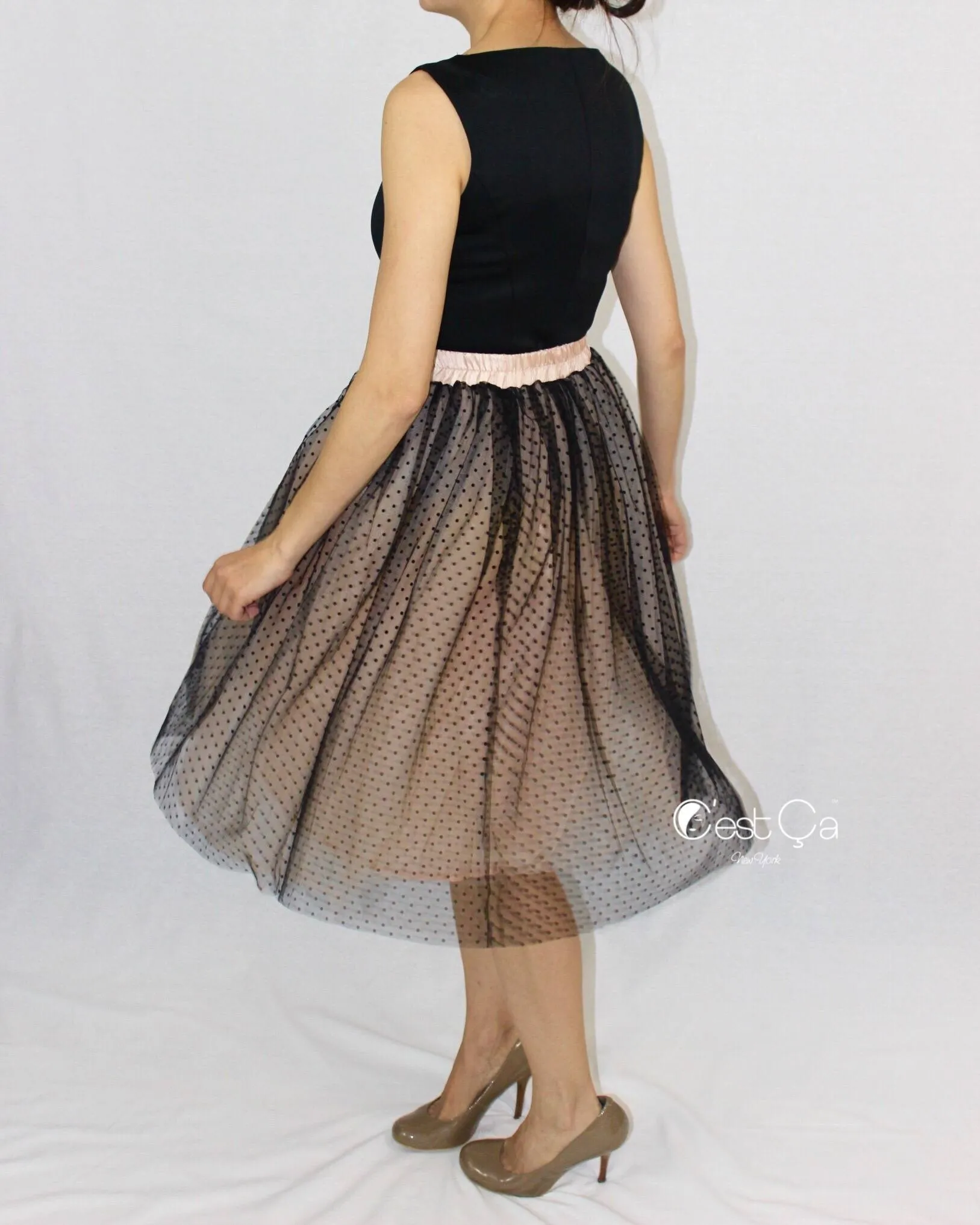 Betty Black Polka Dot Tulle Skirt - Midi