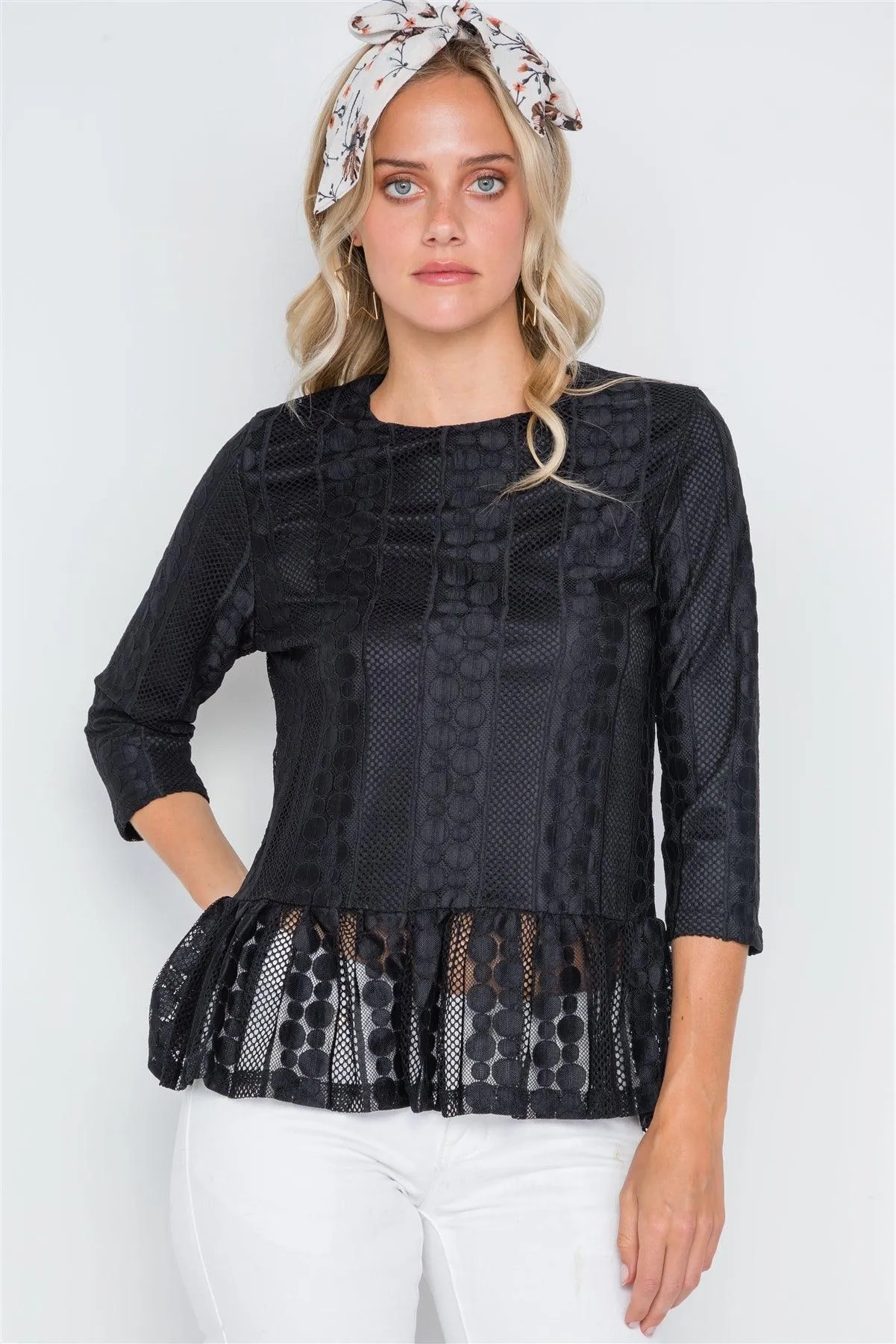 Black 3/4 Sleeve Multi Pattern Shirred Hem Top /2-2-2