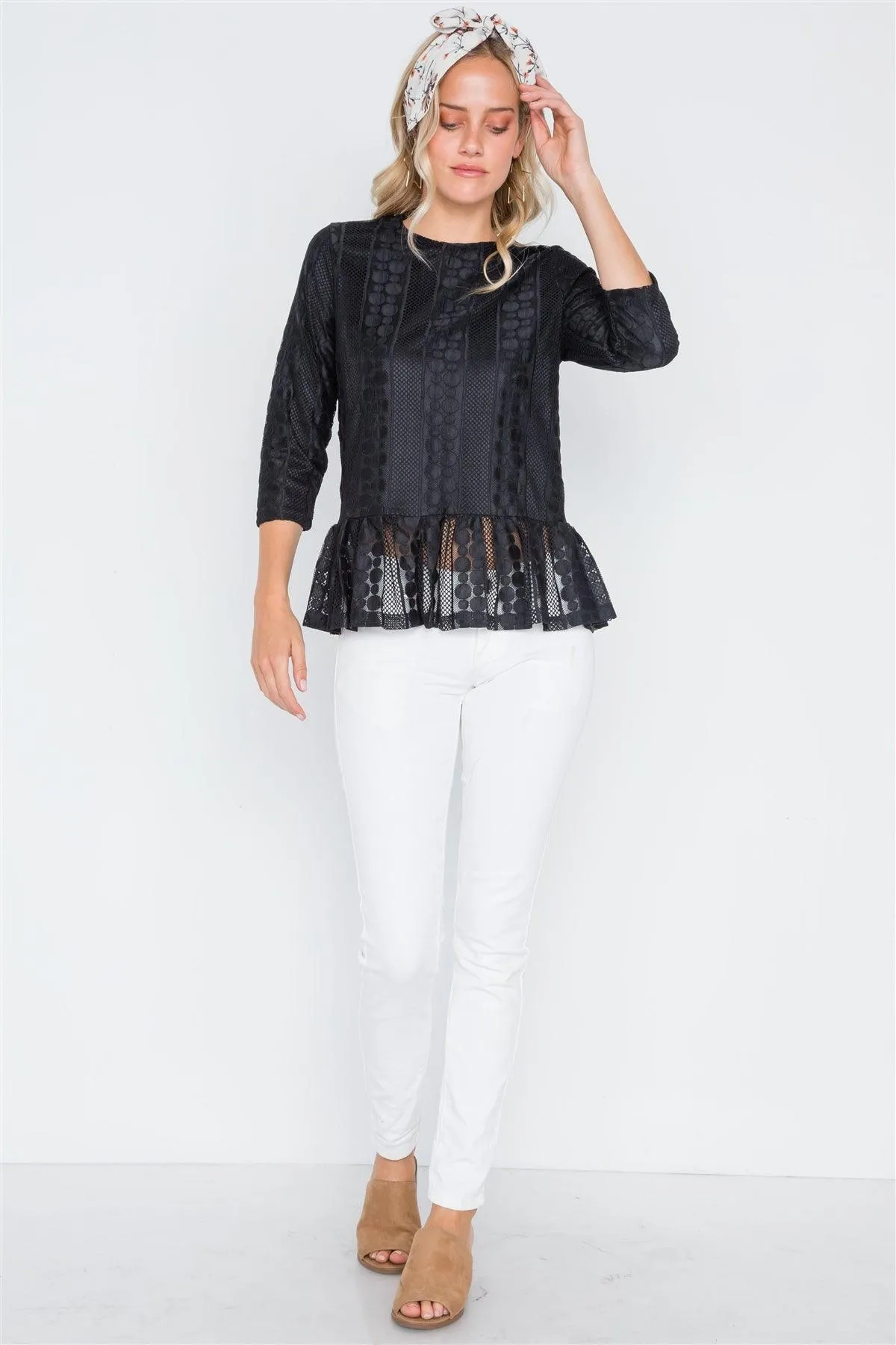 Black 3/4 Sleeve Multi Pattern Shirred Hem Top /2-2-2