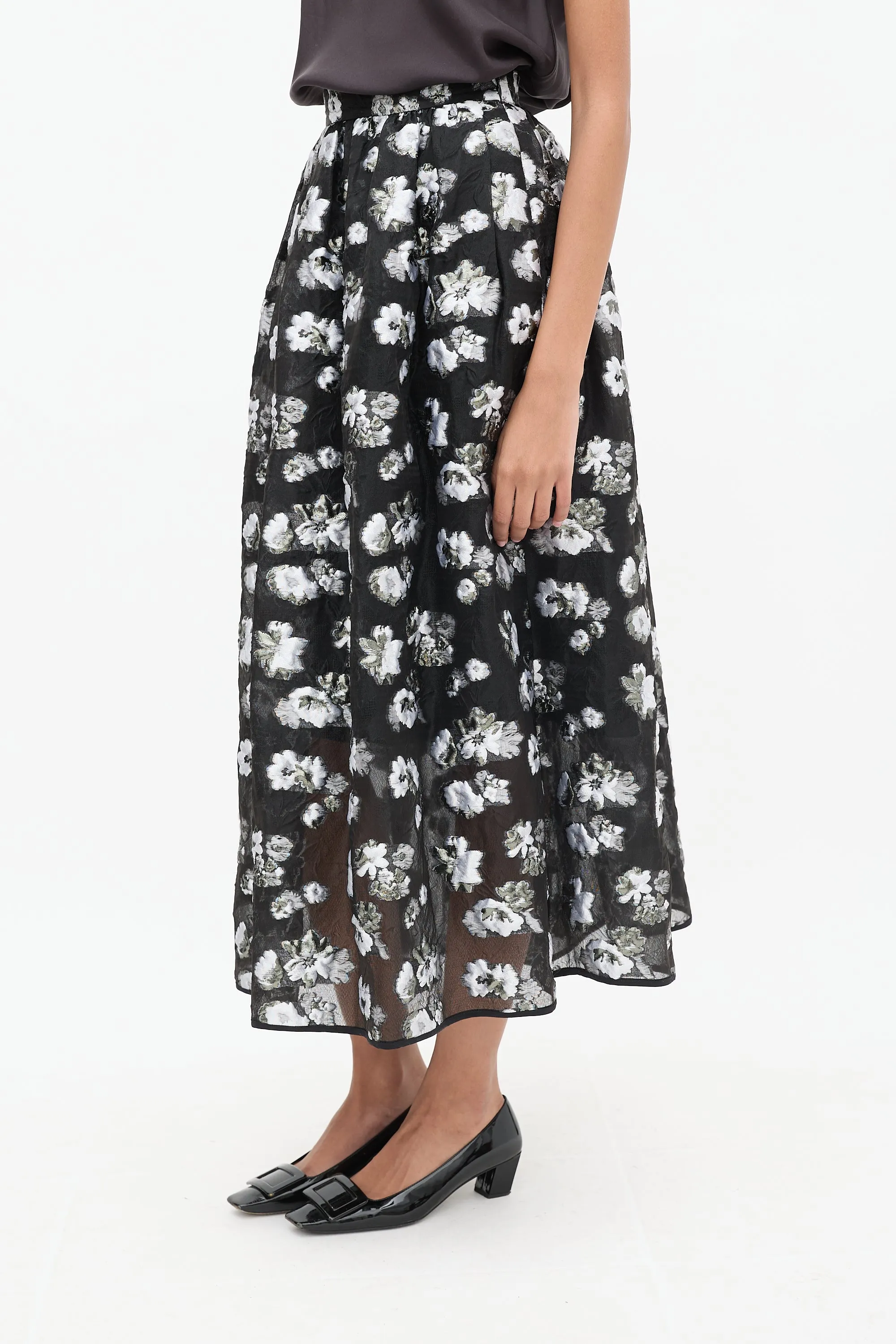 Black & Grey Silk Floral A-Line Skirt