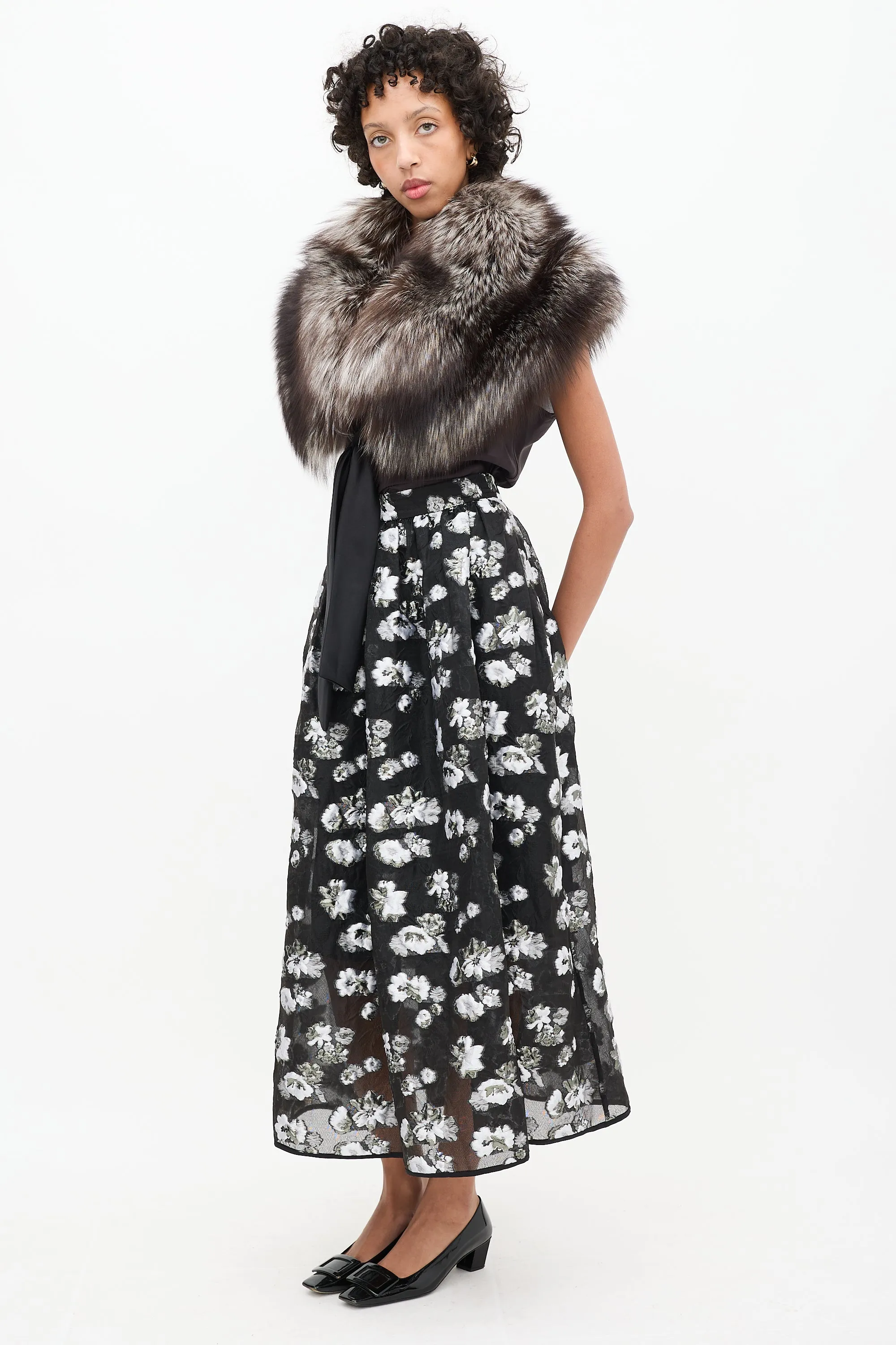 Black & Grey Silk Floral A-Line Skirt