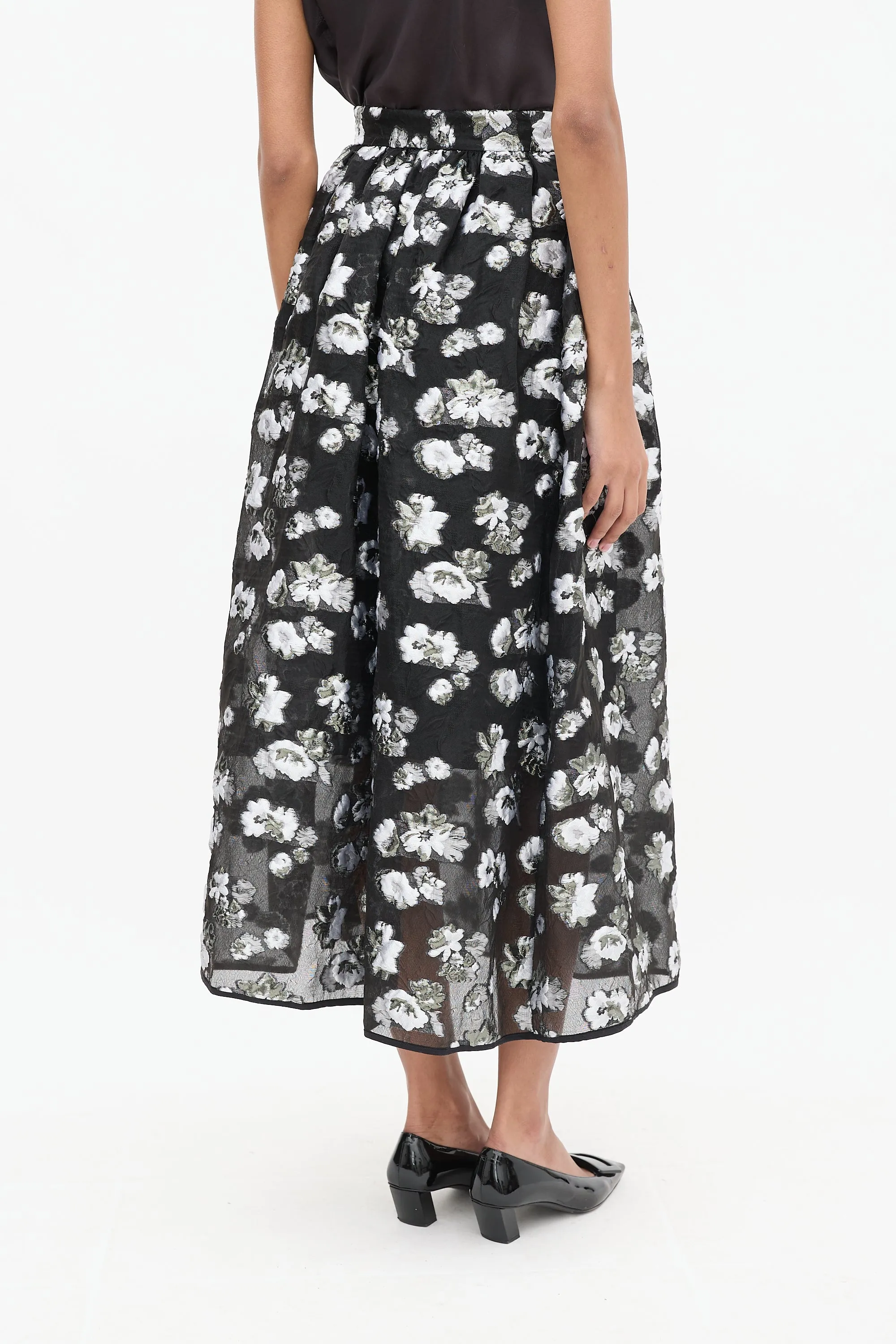 Black & Grey Silk Floral A-Line Skirt