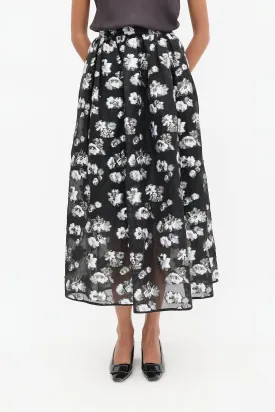 Black & Grey Silk Floral A-Line Skirt