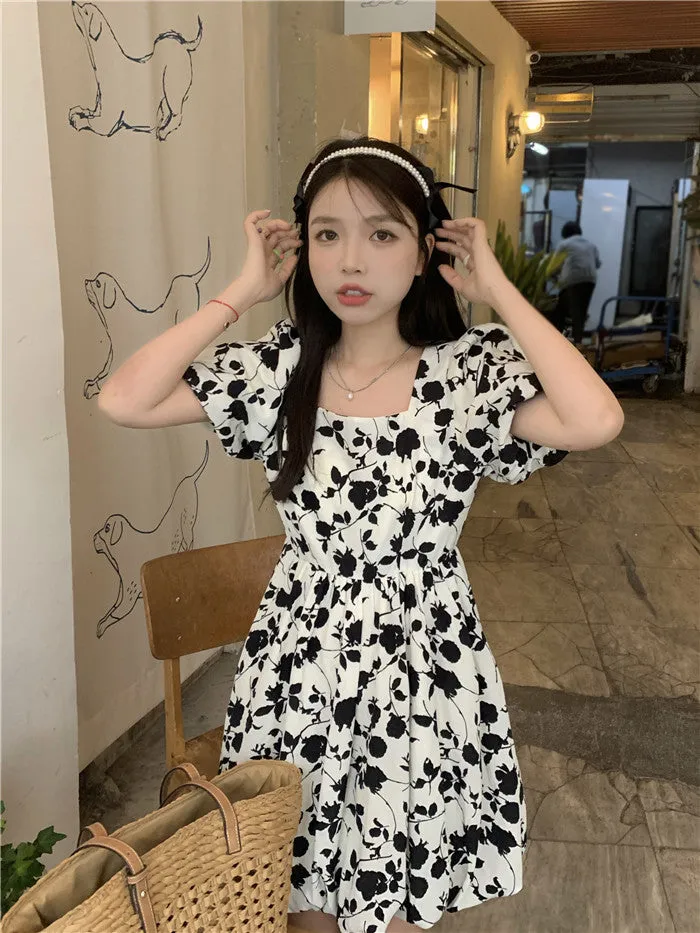 Black Floral Puff Sleeve Dress SD01954