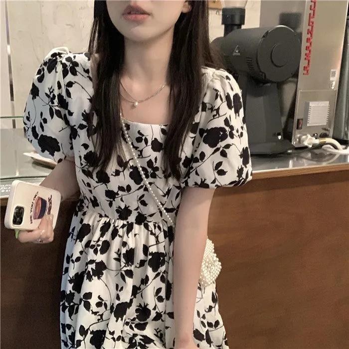 Black Floral Puff Sleeve Dress SD01954