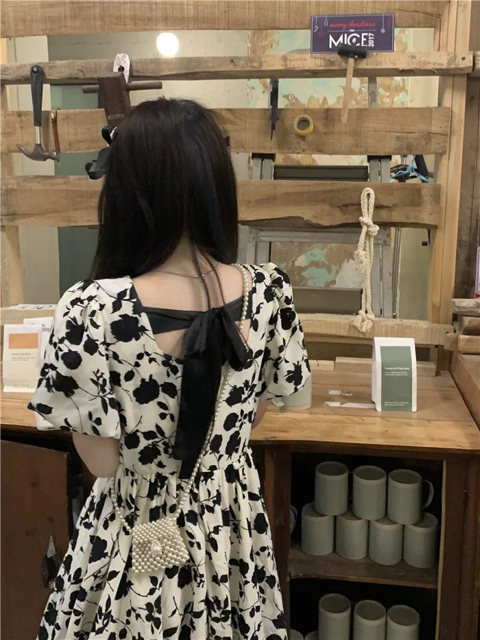 Black Floral Puff Sleeve Dress SD01954