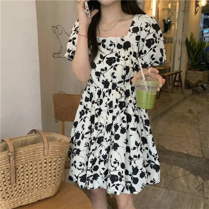 Black Floral Puff Sleeve Dress SD01954