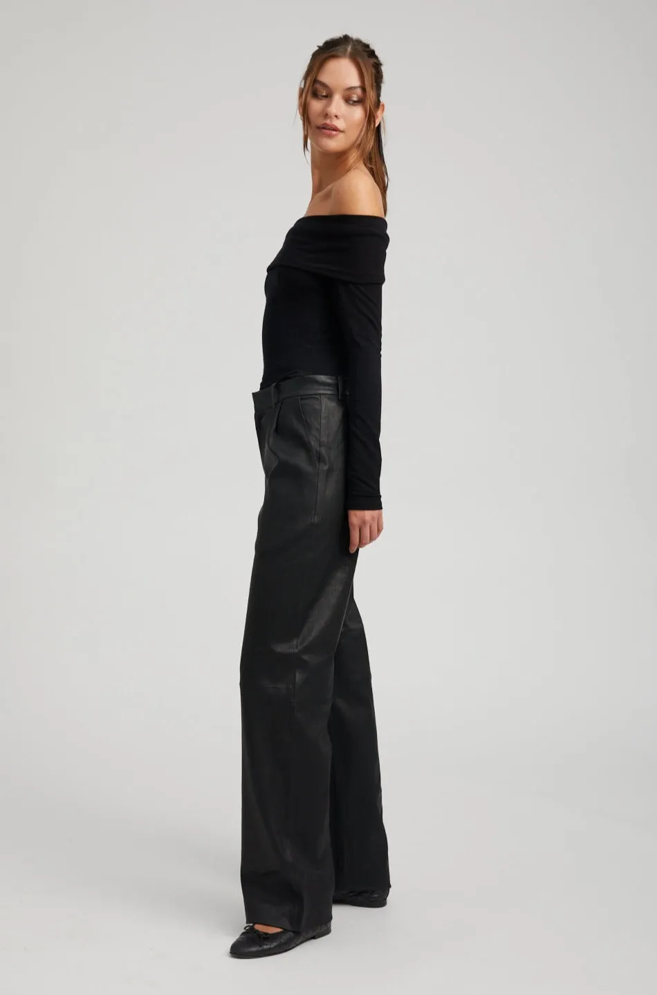 Black Leather Straight Leg Pleated Trousers