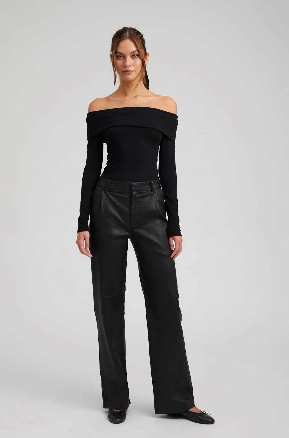 Black Leather Straight Leg Pleated Trousers