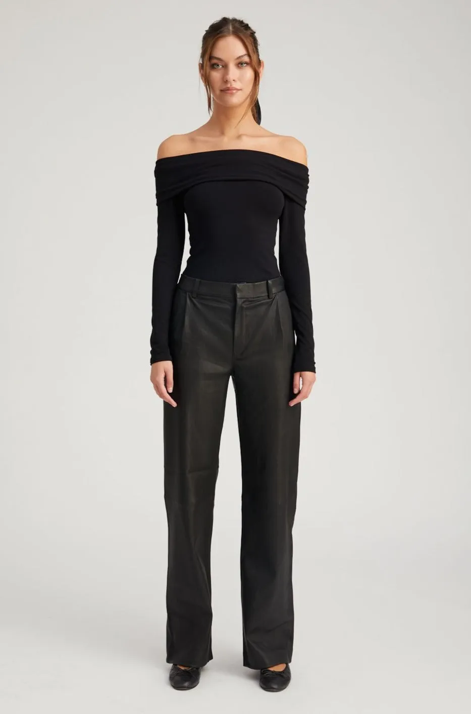 Black Leather Straight Leg Pleated Trousers