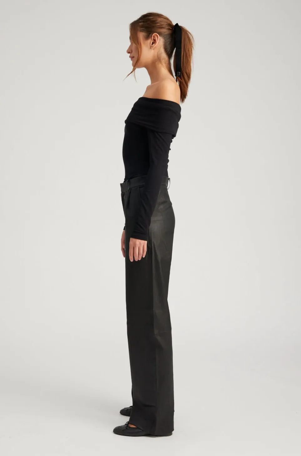 Black Leather Straight Leg Pleated Trousers