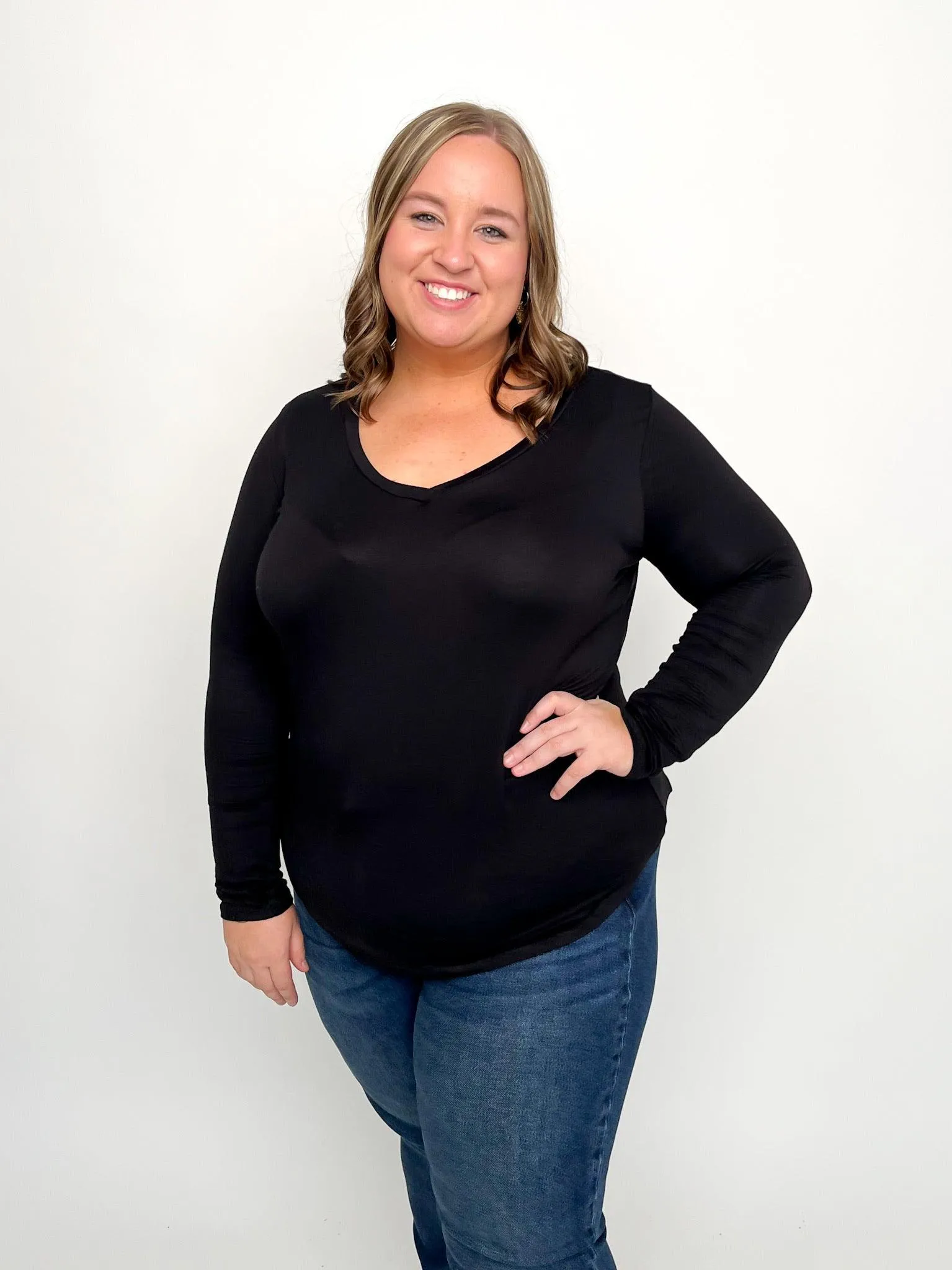 Black Long Sleeve V Neck Top