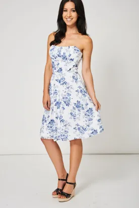 Blue Floral Pattern Bandeau Dress