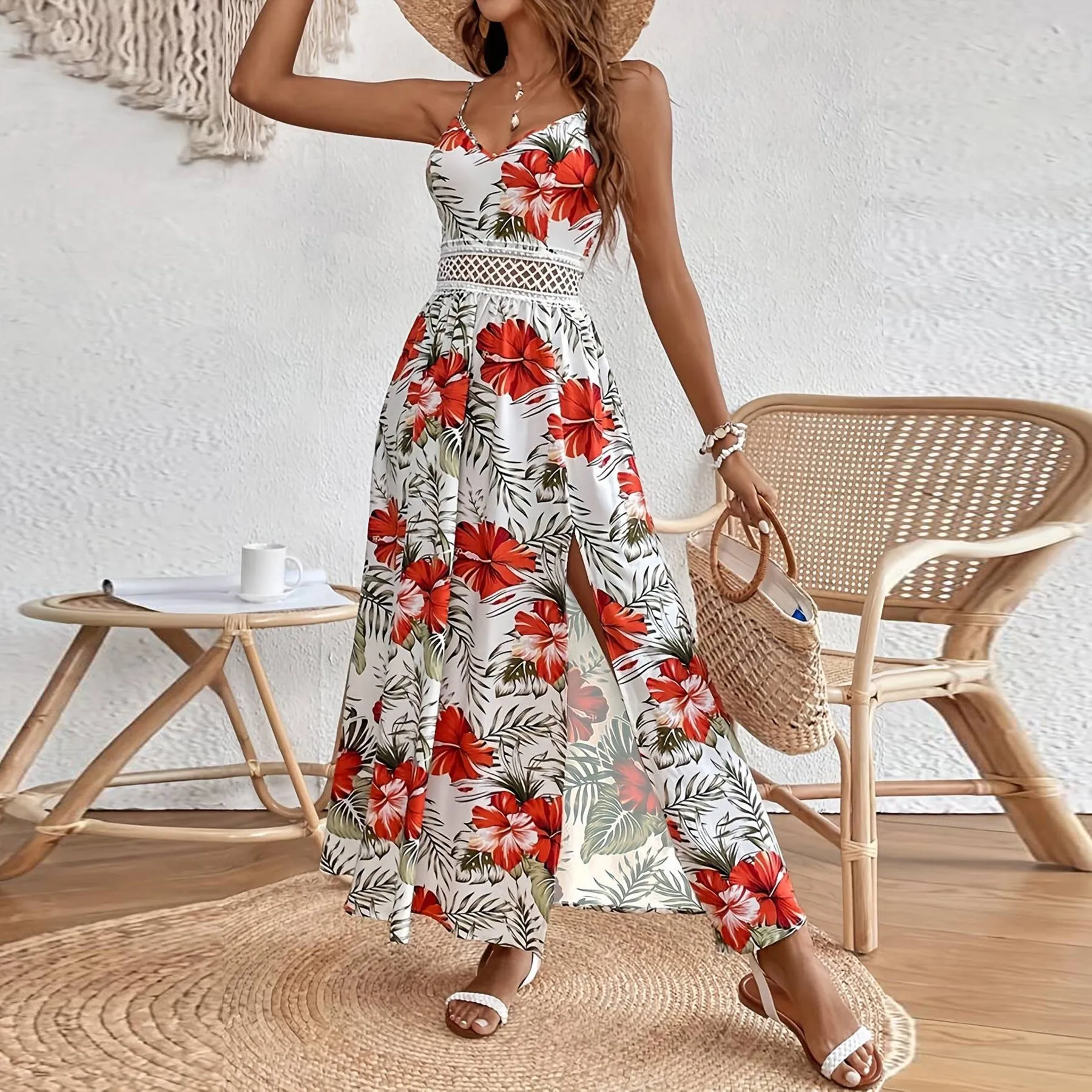 Bohemian Chiffon Floral Lace Sling Dress Summer Long Maxi Dress