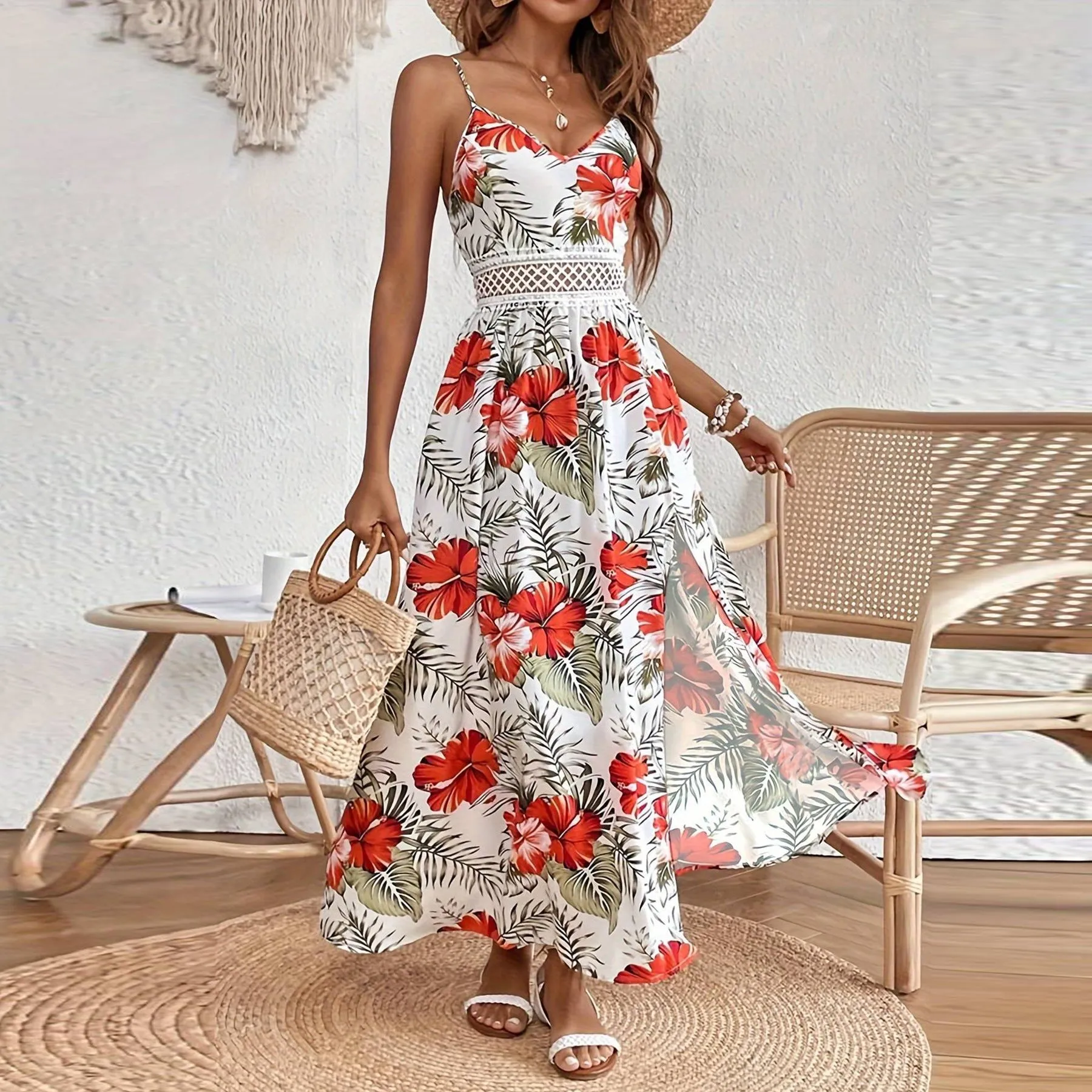 Bohemian Chiffon Floral Lace Sling Dress Summer Long Maxi Dress