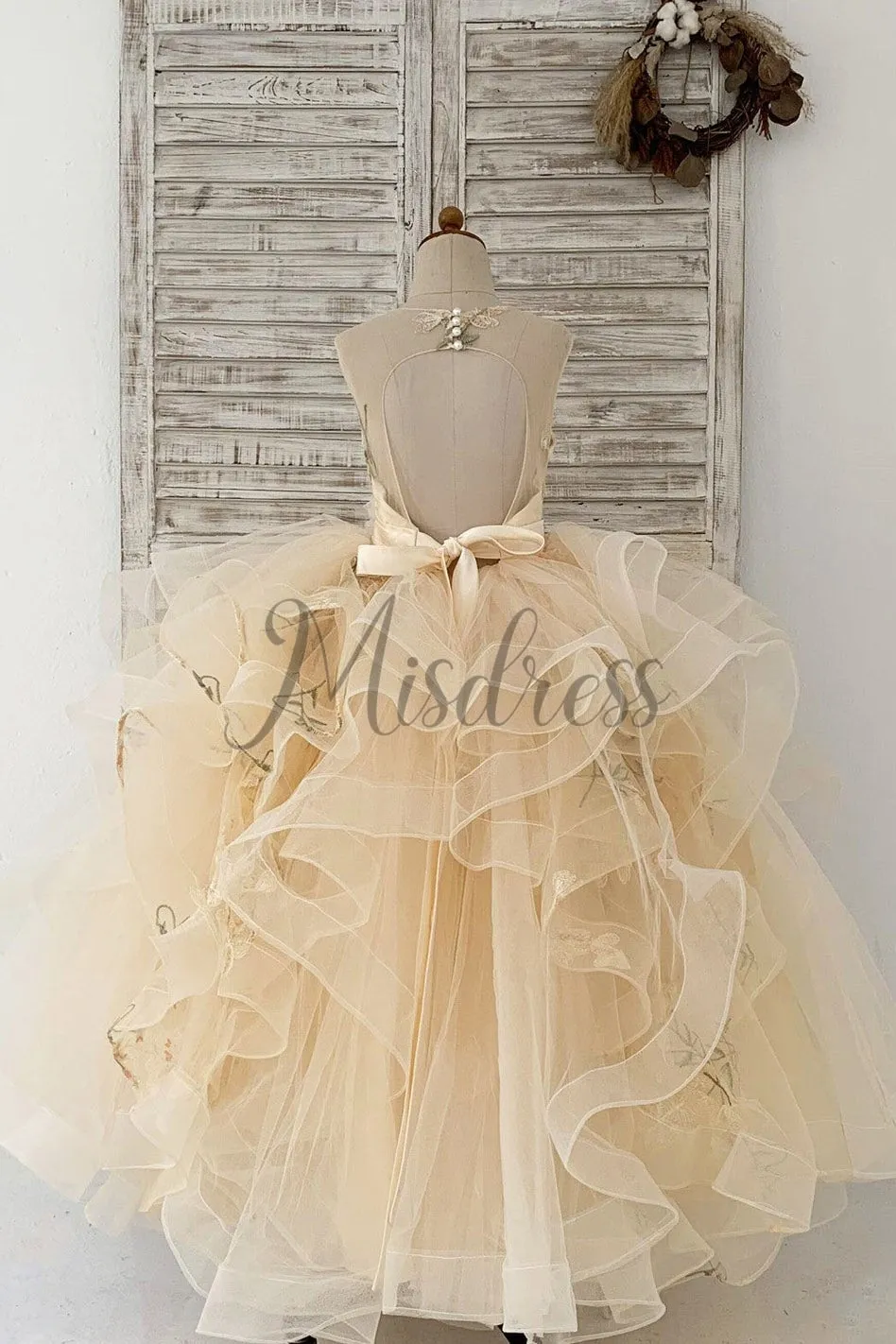 Champagne Embroidery Lace Tulle Keyhole Back Wedding Flower Girl Dress