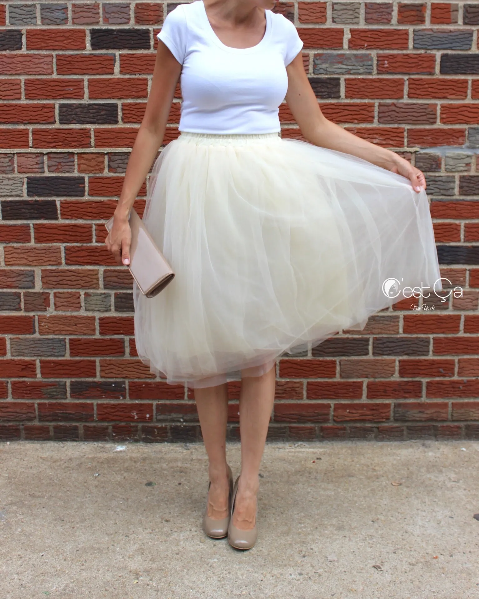 Claire Champagne Soft Tulle Skirt - Below Knee Midi