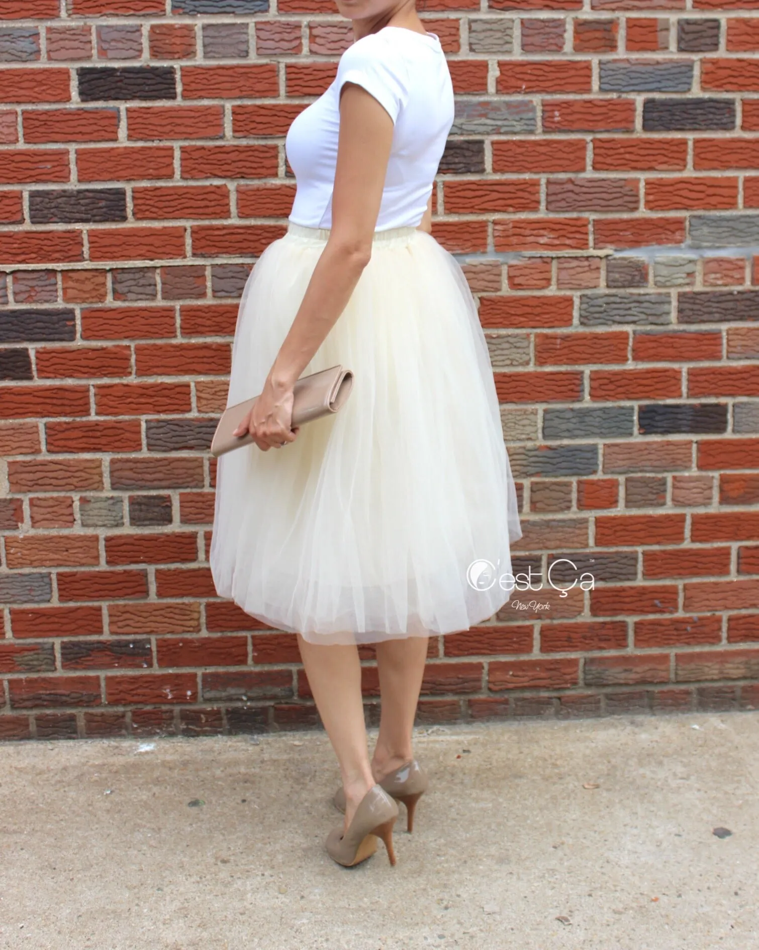 Claire Champagne Soft Tulle Skirt - Below Knee Midi