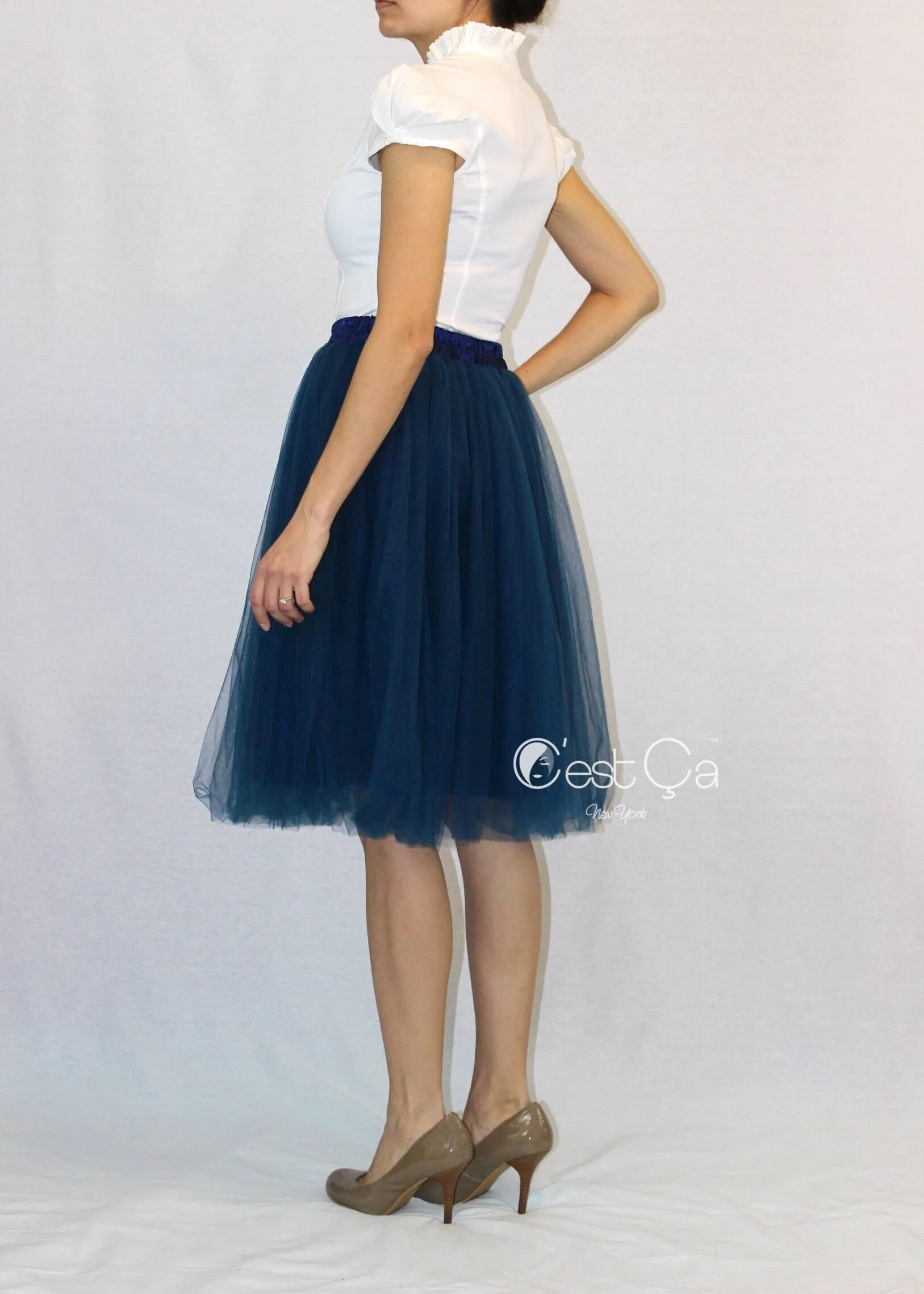 Claire Navy Blue Soft Tulle Skirt - Below Knee Midi