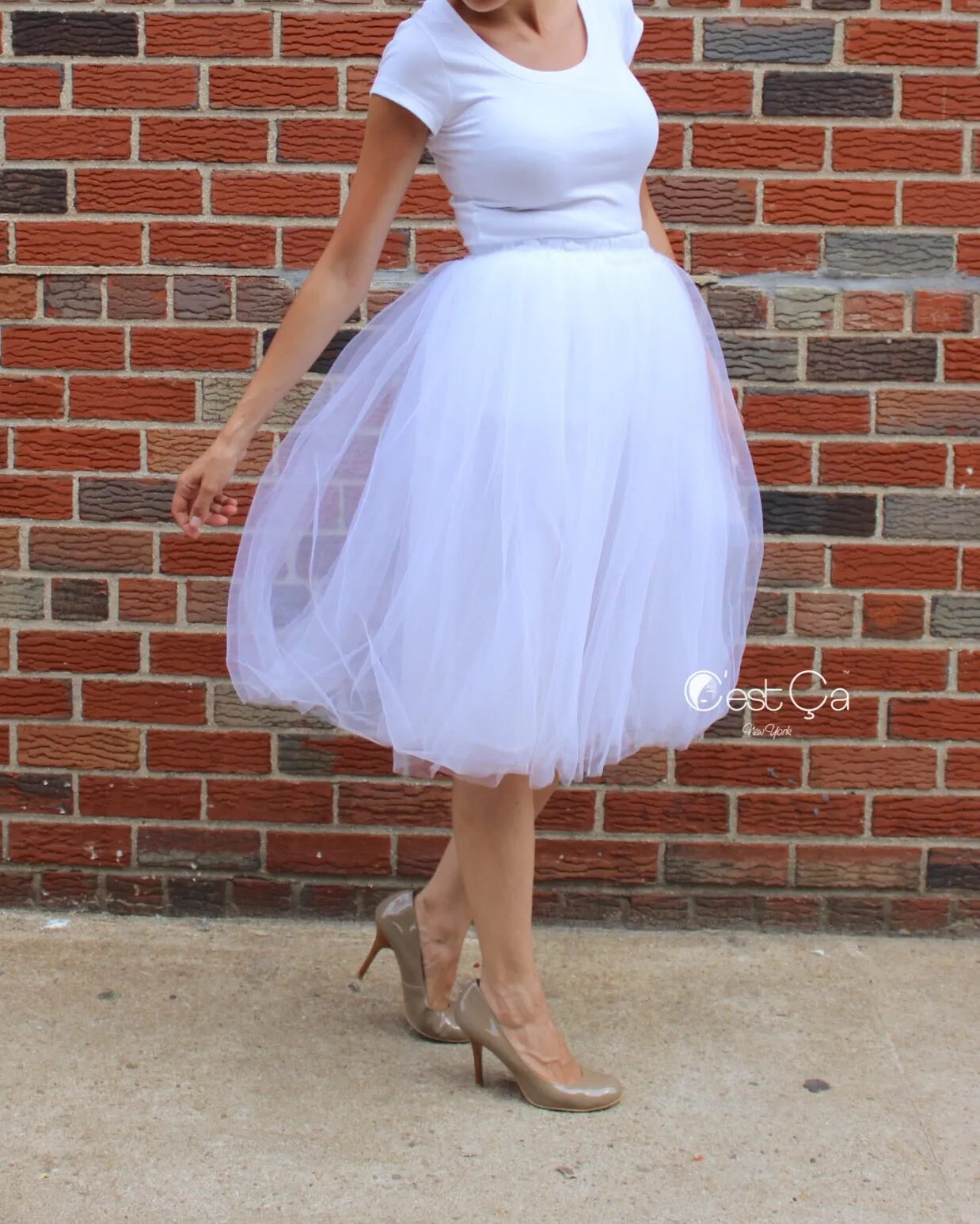 Claire White Soft Tulle Skirt - Below Knee Midi