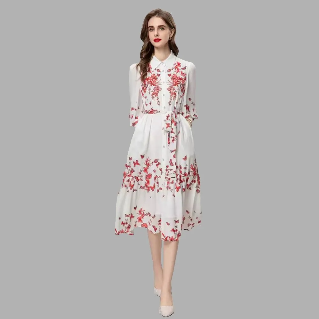 Colorful Floral Lace-Up Dress with Beads and Long Sleeves, Ideal for Heavy Industry