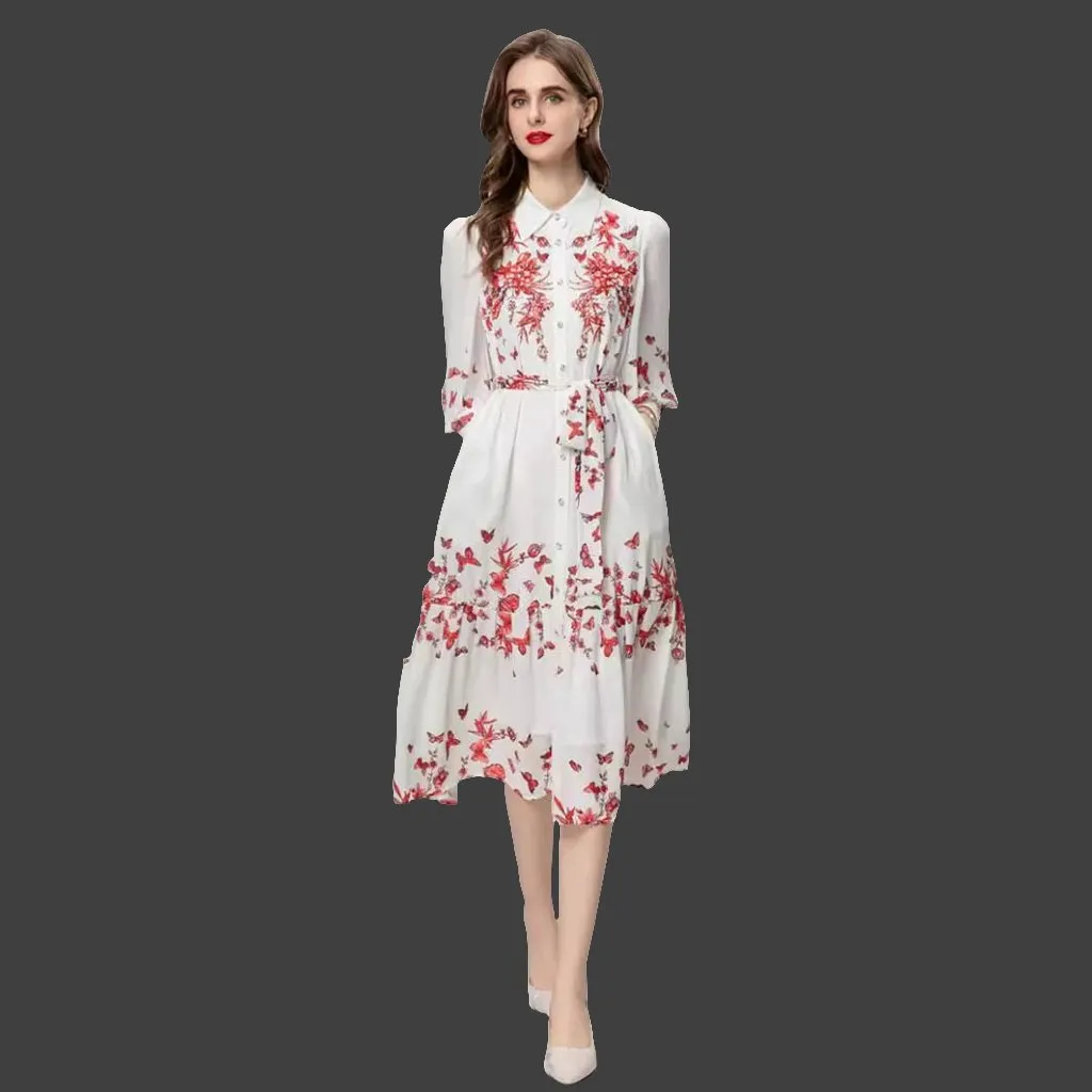 Colorful Floral Lace-Up Dress with Beads and Long Sleeves, Ideal for Heavy Industry