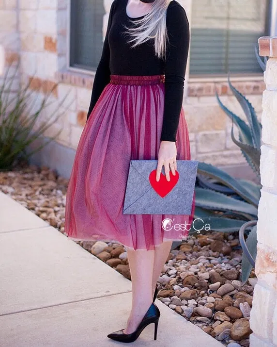 Corinne Ombre Burgundy Soft Tulle Skirt - Below Knee