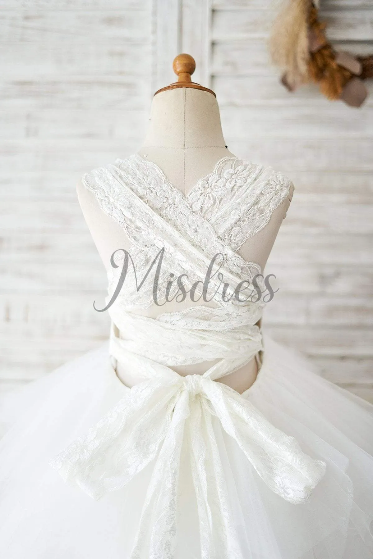 Cross Back Ivory Lace Ruffles Tulle Ball Gown Wedding Flower Girl Dress