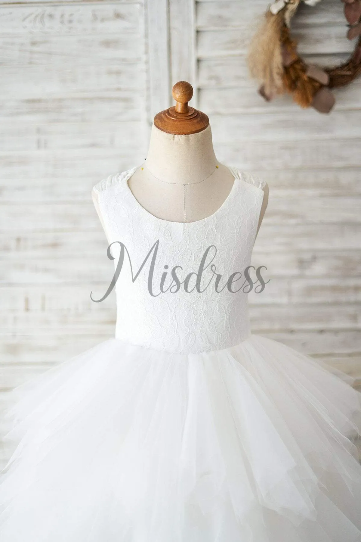 Cross Back Ivory Lace Ruffles Tulle Ball Gown Wedding Flower Girl Dress