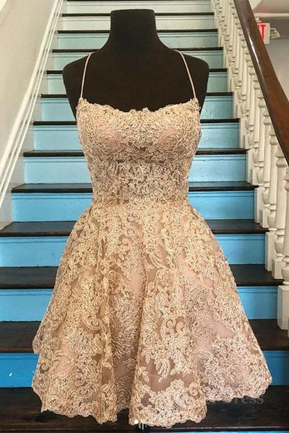 Cute Backless Short Golden Lace Prom Dresses, Golden Lace Homecoming Dresses, Short Golden Formal Evening Dresses