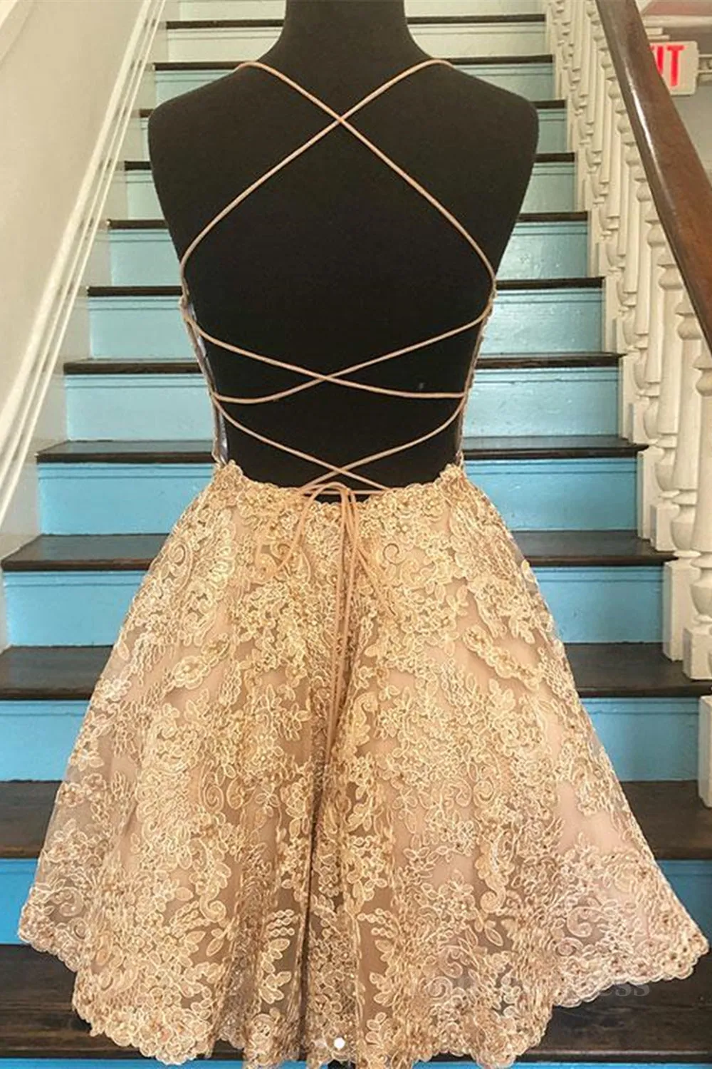 Cute Backless Short Golden Lace Prom Dresses, Golden Lace Homecoming Dresses, Short Golden Formal Evening Dresses