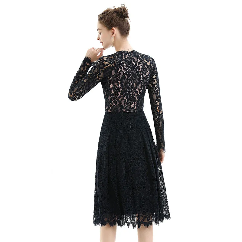 D080 Women floral scallop lace long sleeves flared pleated party midi dress