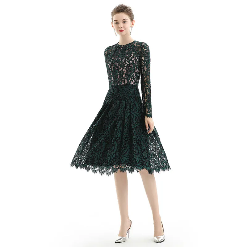 D080 Women floral scallop lace long sleeves flared pleated party midi dress