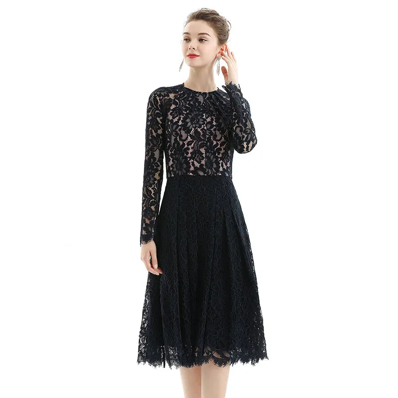 D080 Women floral scallop lace long sleeves flared pleated party midi dress