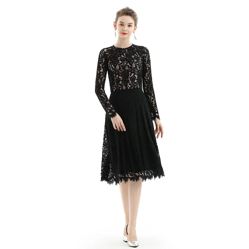 D080 Women floral scallop lace long sleeves flared pleated party midi dress