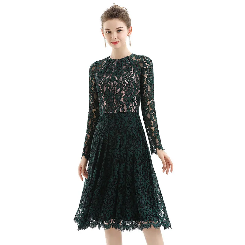 D080 Women floral scallop lace long sleeves flared pleated party midi dress